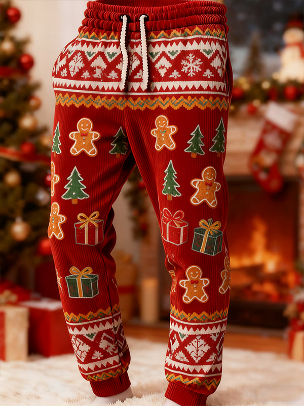 Men's Christmas Gingerbread Man And Christmas Tree Print Casual Corduroy Pants