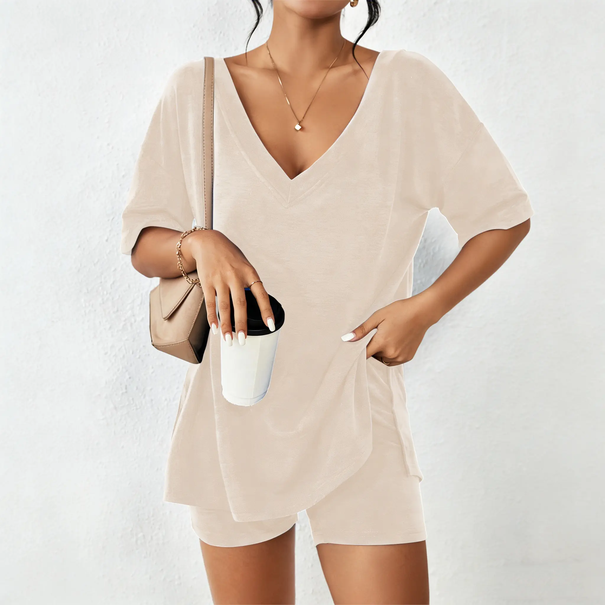 V-neck Two-Piece Pajama Set For Women Summer Casual Oversized Split Hem Shirts & Biker Shorts