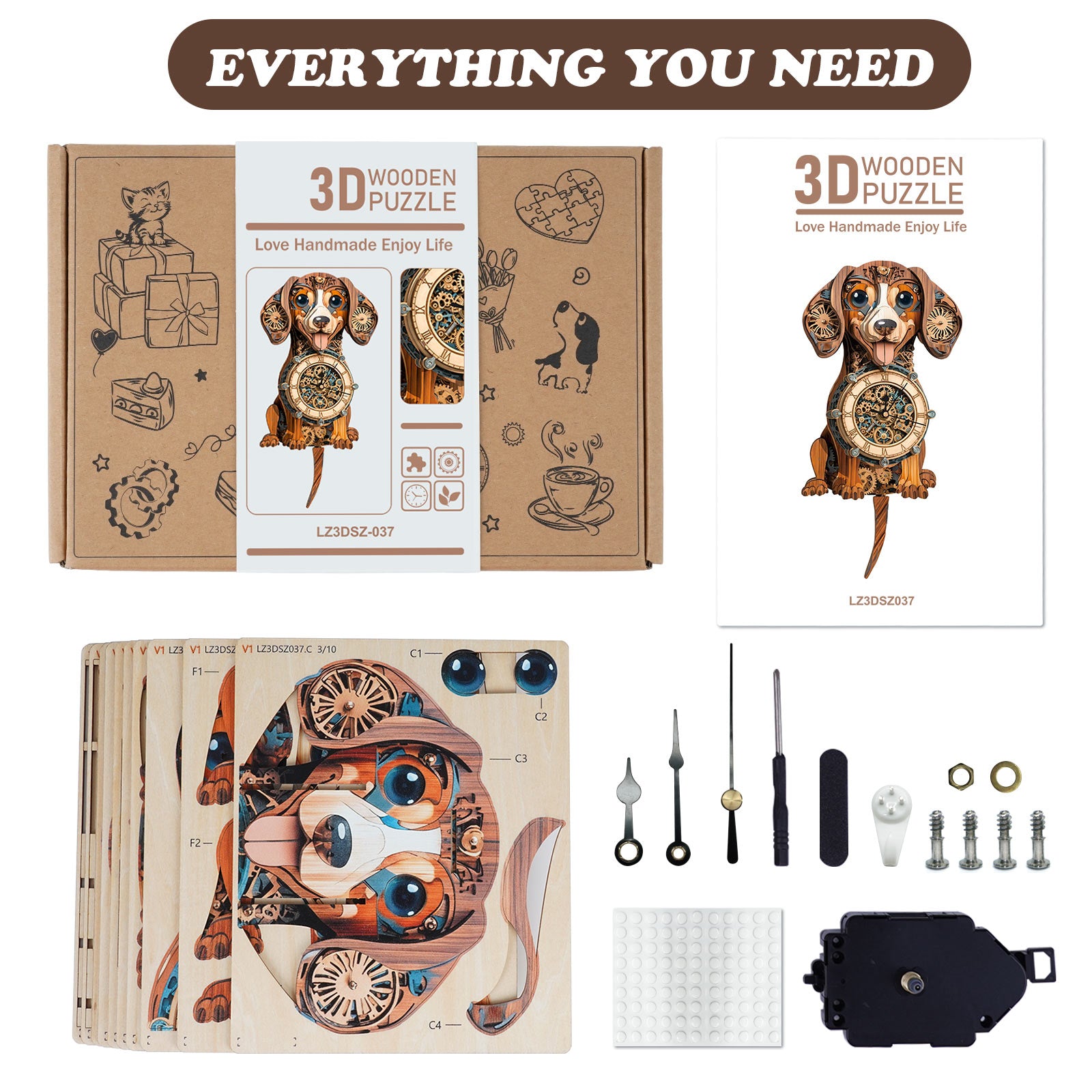 Dachshund DIY Wooden Clock, 3D Puzzle Craft Kit