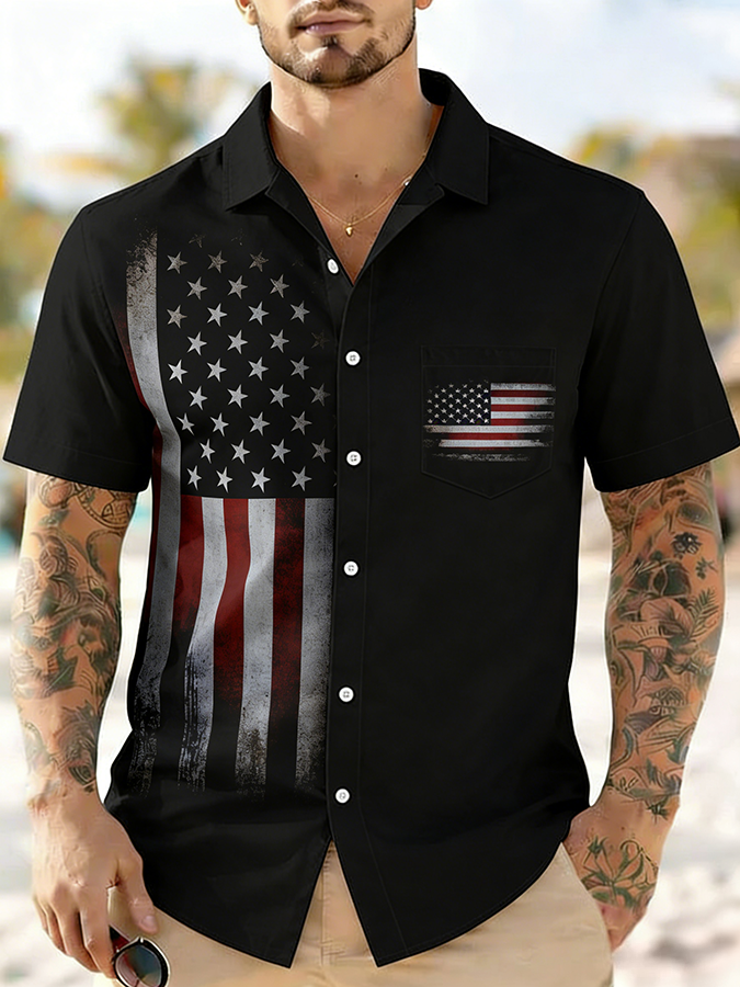 Men'S Casual American Flag Art Printed Shirt