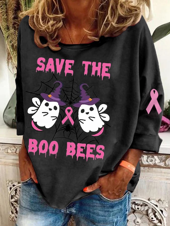 Women's Pink Halloween Save The Boo Bees Breast Cancer Awareness Warrior Top