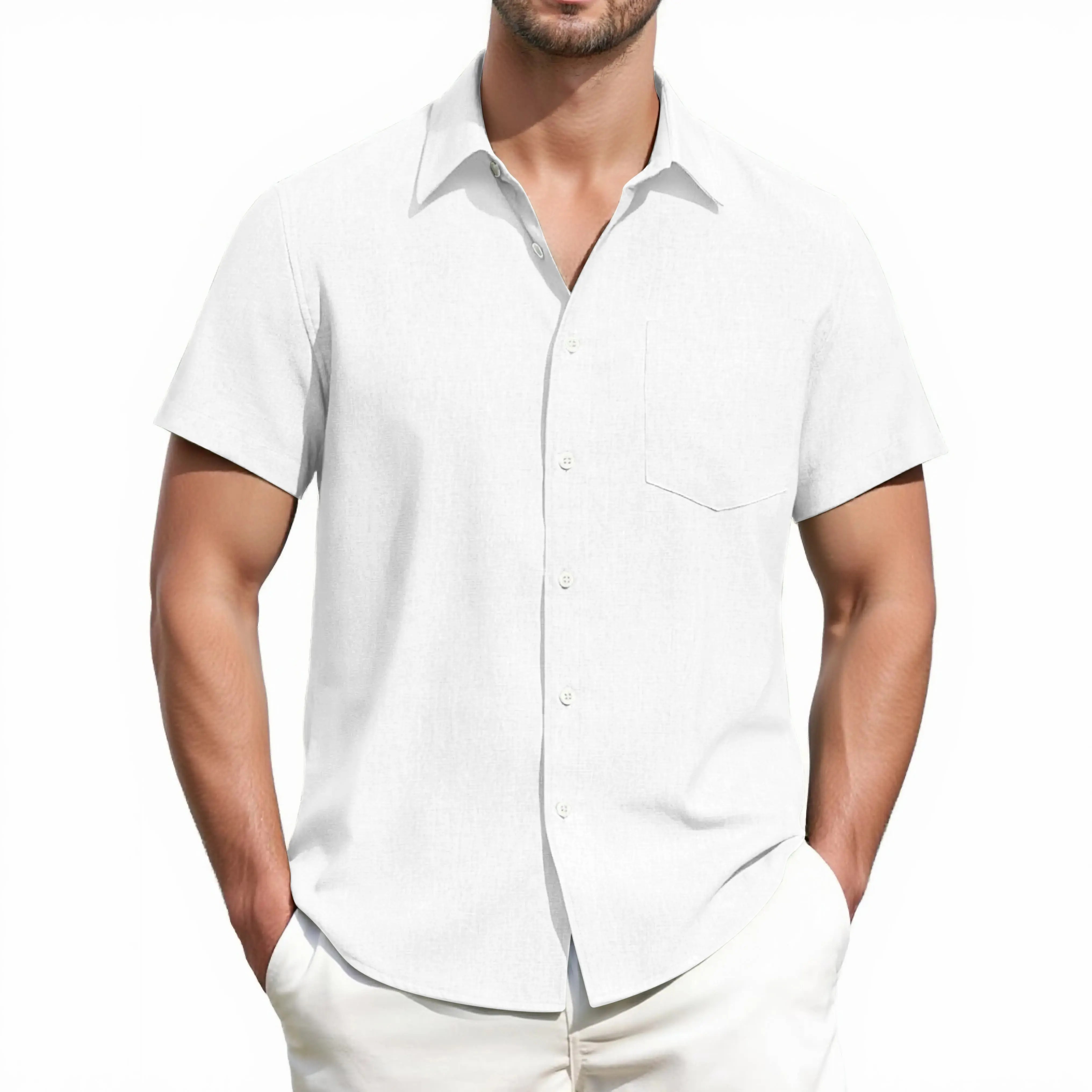 Men's Linen Short Sleeve Shirt – Breathable Lightweight Casual Button Down with Pocket