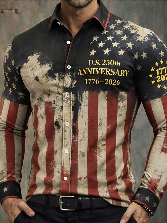Men'S Retro Independence Day Flag Printed Casual Shirt