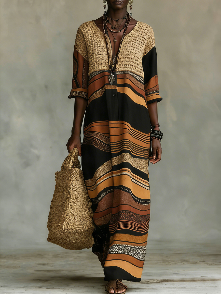African Abstract Print Cotton-Linen Casual Shirt Dress