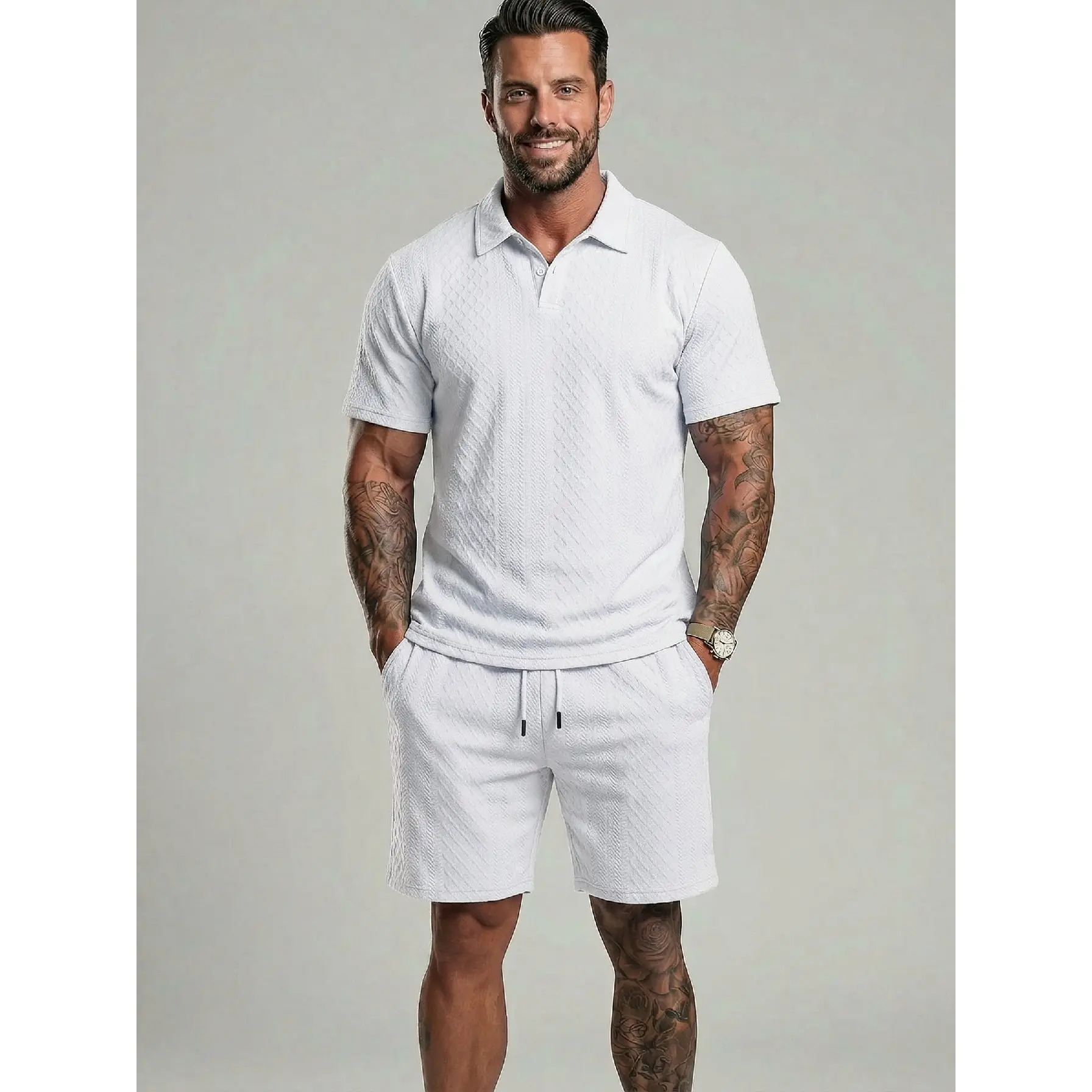 Men's Solid-Color Polo Shirt and Drawstring Shorts Set