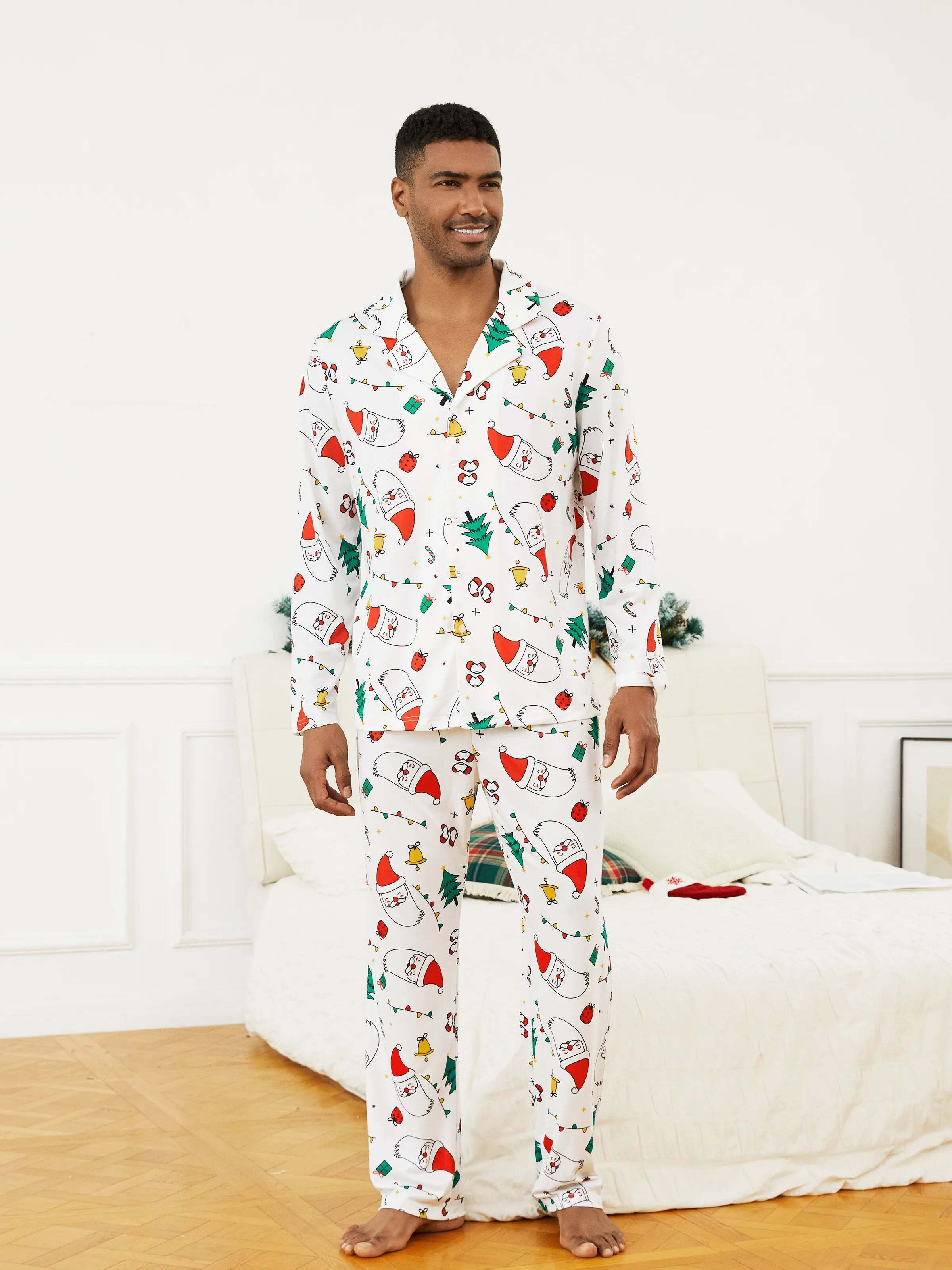 Christmas Family Matching Colorful Festival Theme Print Long Sleeve Pajamas Sets with Christmas Socks White