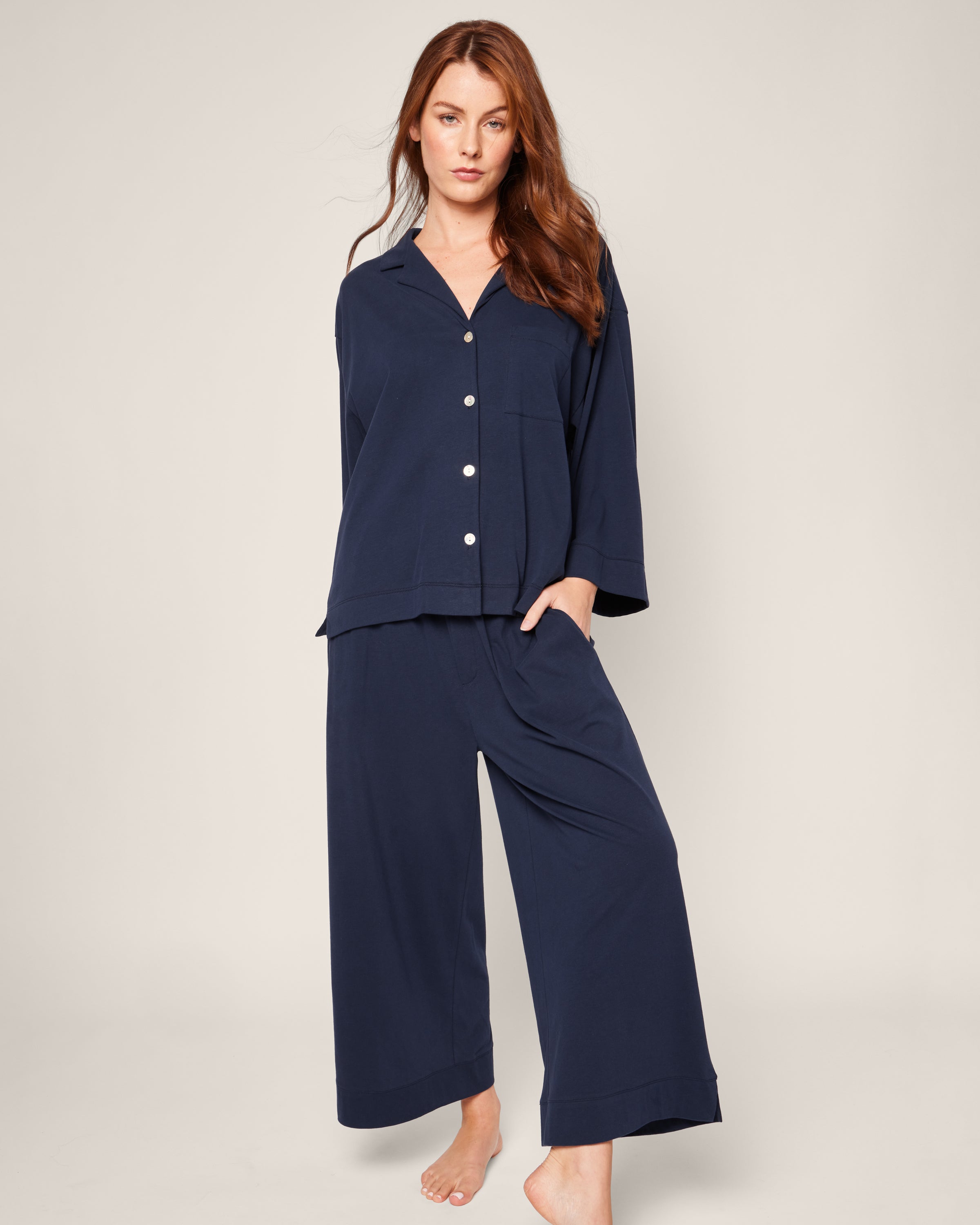 The Olivia Wide Leg Pima Pajama Set in Navy