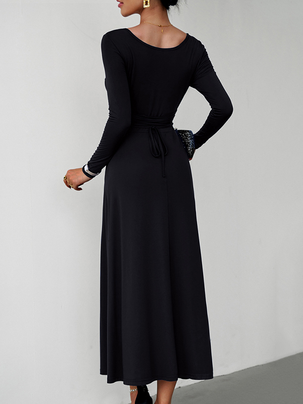 Solid Color Tied Waist A-Line High Waisted U-Neck Midi Dresses