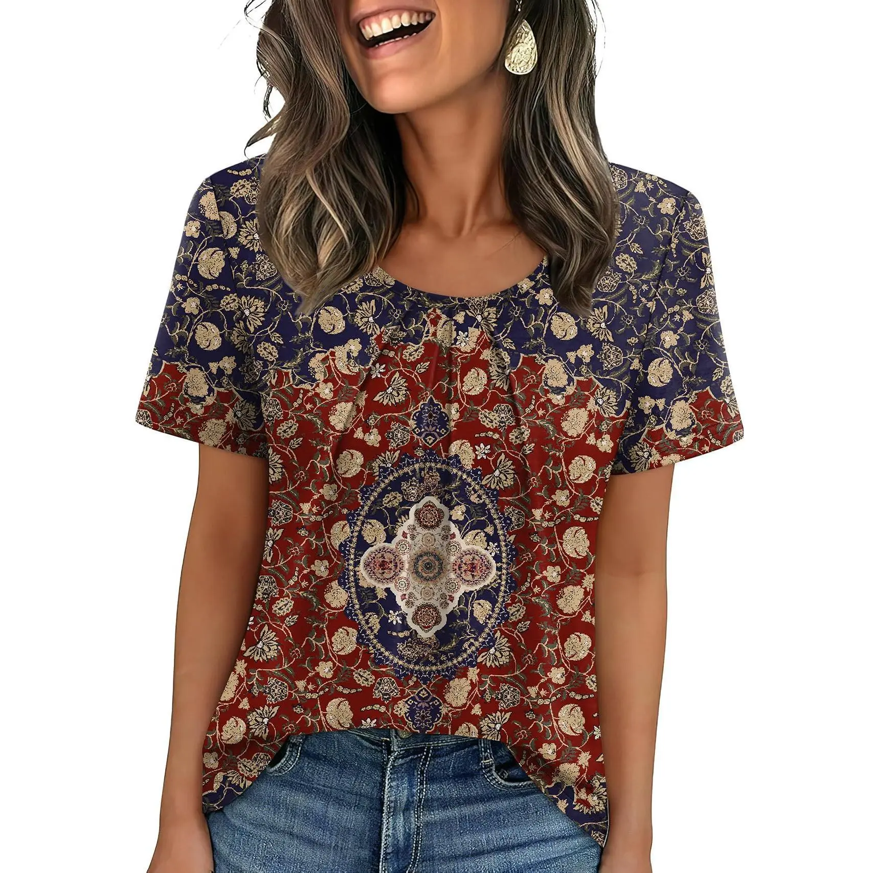Women T Shirts Pleated Short Sleeve Tops Business Casual Dressy Blouses Crewneck Boho