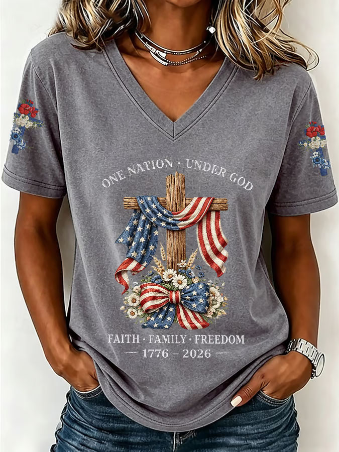 Women'S America Flag Floral Print Casual V-Neck T-Shirt