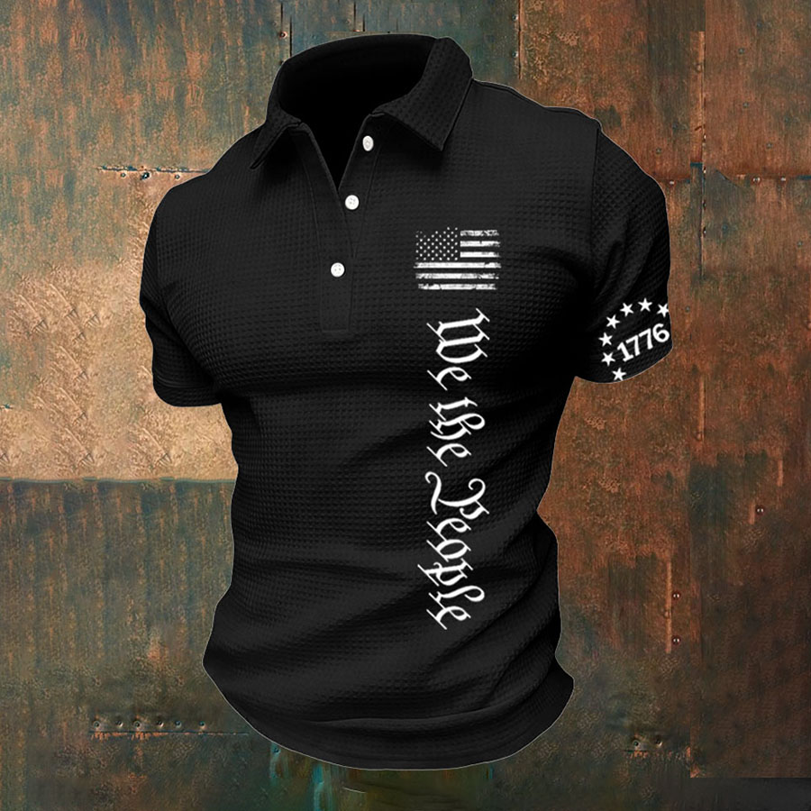 Men'S American Flag Independence Day Print Waffle Polo Shirt