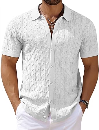 Mens Knit Button Down Shirt Short Sleeve Summer Casual Shirts Vintage Beach Vacation Shirts