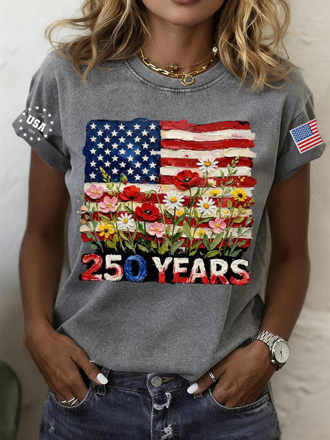 Women'S 250Th Anniversary Flower Round Neck T-Shirt
