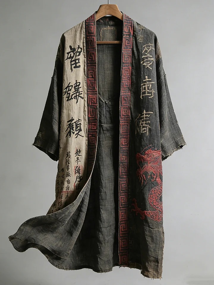 Men's Dragon Pattern Calligraphy and Painting Art Linen Long Kimono
