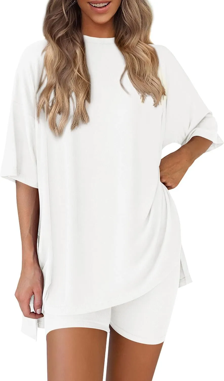 🔥Special Sale❤️Women's Two Piece Lounge Set 2026 Summer Casual Oversized Shirts  Biker Shorts Matching Airport Travel Outfit