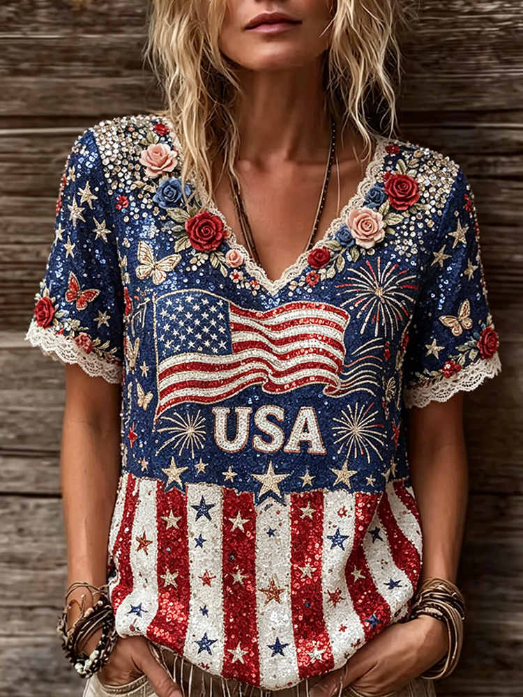 Women's Vintage American Anniversary Flag Art Casual Short Sleeve Top