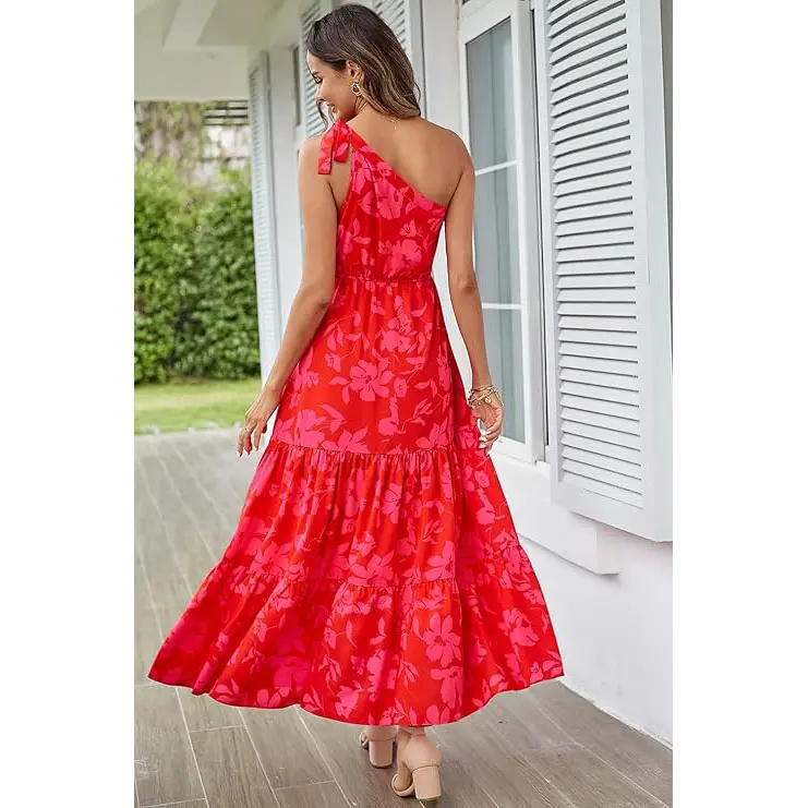 PrettyGarden Boho Chic Floral Maxi Dress - One Shoulder, Ruffle, Sleeveless, Flowing Summer Beach Wedding Guest Dress- Womenswear