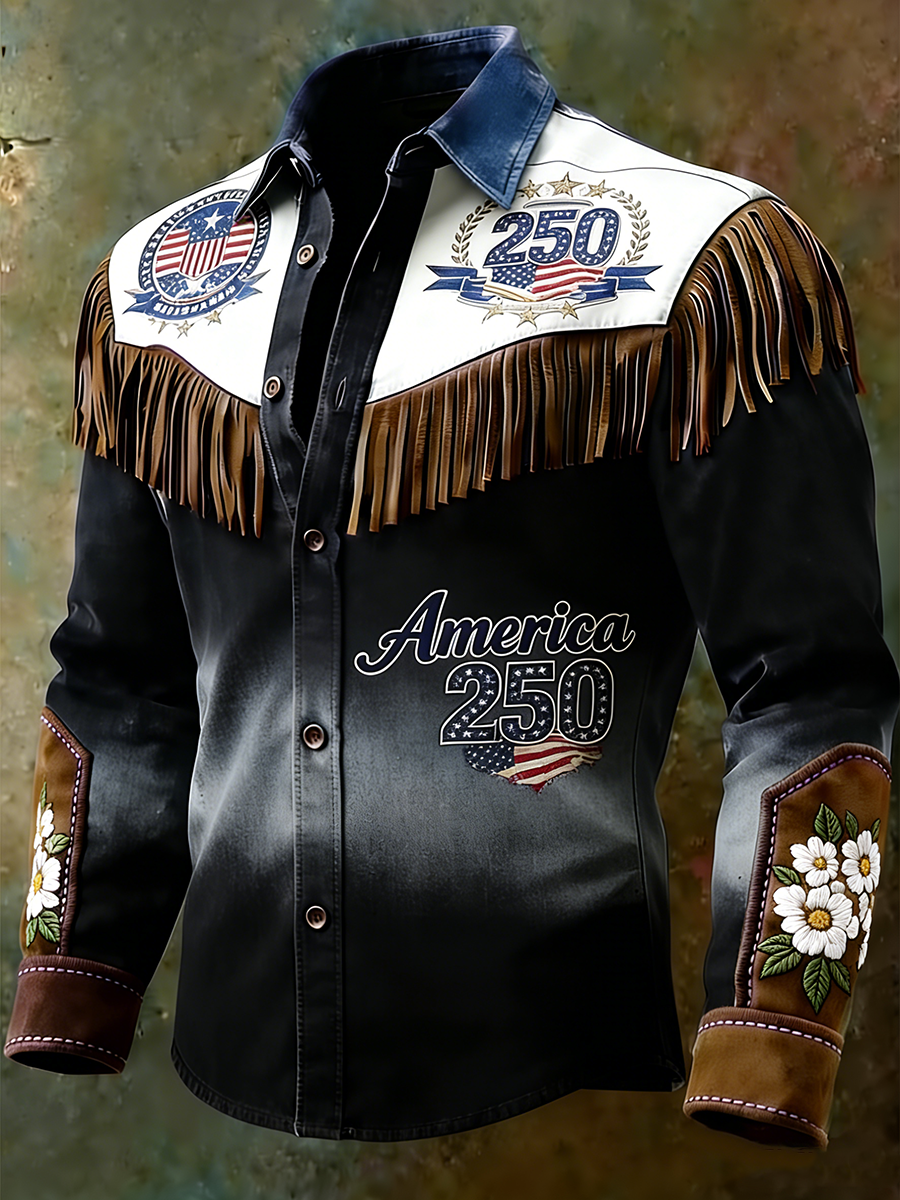 Men's America 250 Gradient Patriotic American Flag & Daisy Embroidered Western Fringe Shirt