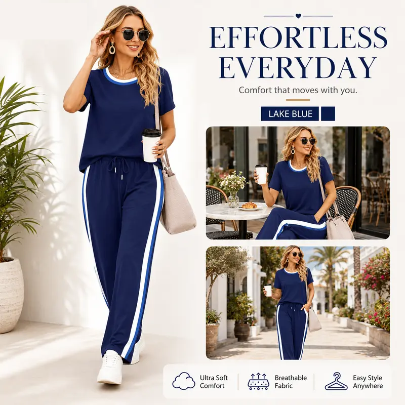 2 Piece Lounge Sets for Women Matching Set Summer Outfits Short Sleeve Tops Wide Leg Pants with Pockets