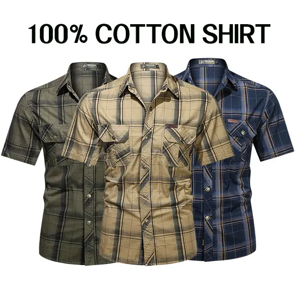 Men's Summer 100% Pure Cotton Plaid Short-Sleeve Shirt