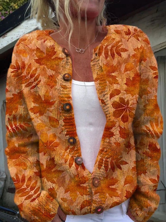 Women's Thanksgiving Maple Leaf Print Knitted Cardigan