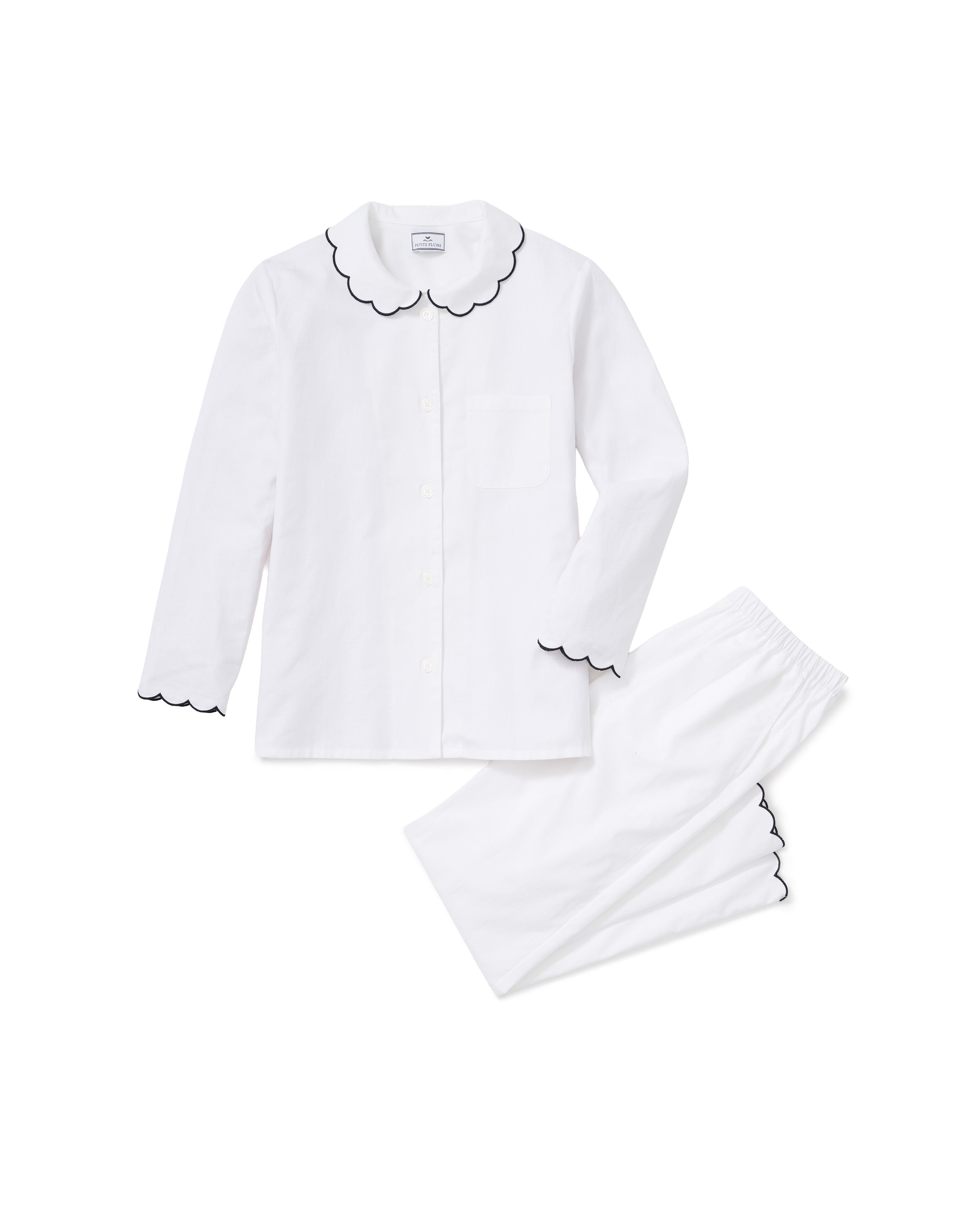 Kid's Twill Colette Pajama Set in White with Navy Piping