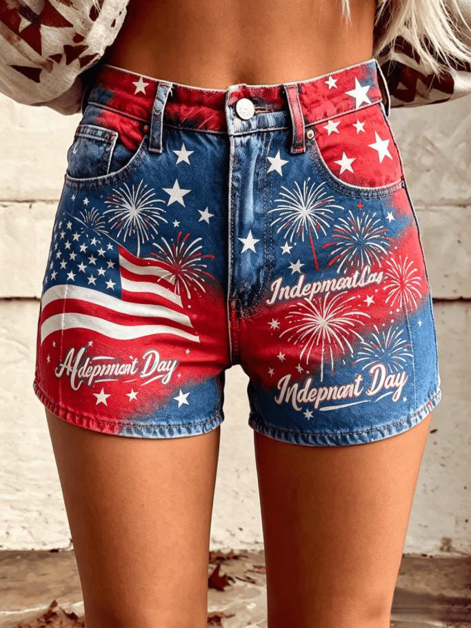 Women's Independence Day USA Flag Firework Print Casual Shorts