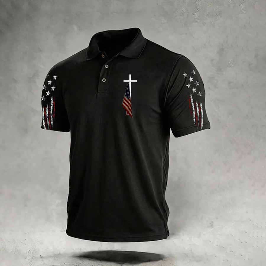 Men'S Flag Cross Printed Polo Shirt