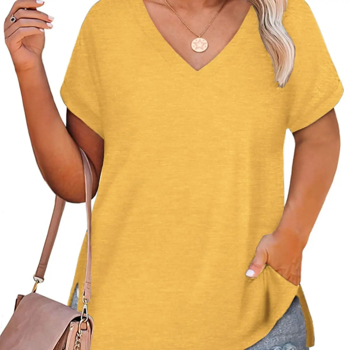 Women's Plus-Size V-Neck Short-Sleeve T-Shirt — Casual, Loose-Fit Summer Top — Soft, Breathable Basic Tee