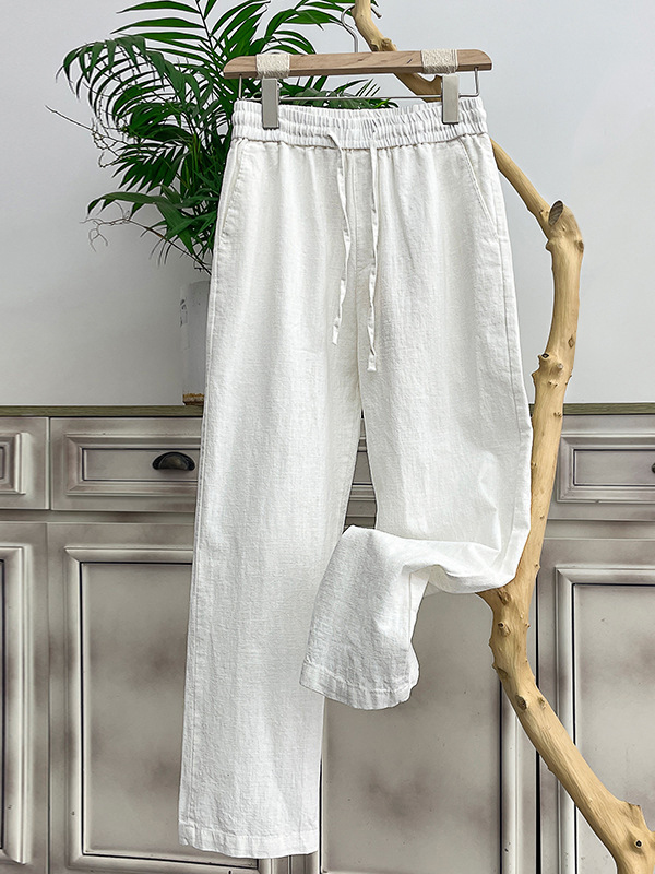 Men's Cotton Linen Plain Elastic Drawstring Waist Wide Leg Pants