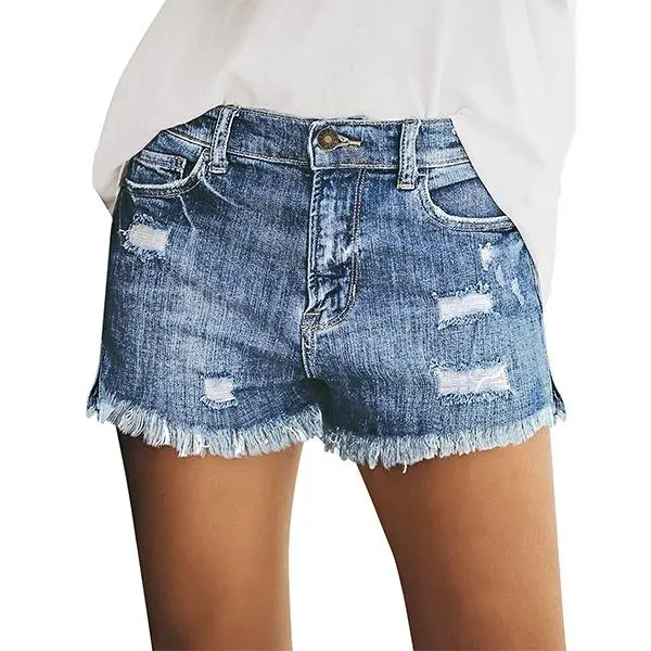 Women's Casual Mid Rise Denim Shorts Stretch Ripped Raw Hem Jean Shorts Basic Fitted Bottom for Summer