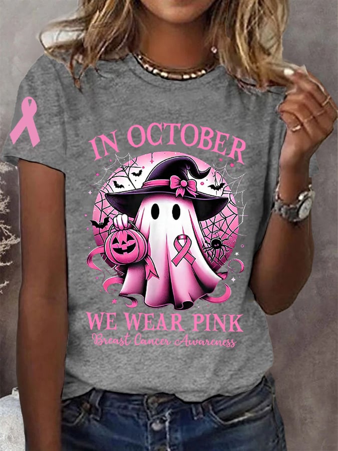 Women's In October We Wear Pink Halloween Ghost Breast Cancer Awareness Warrior Tee