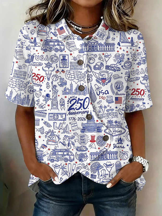 Women'S Cotton And Hemp American Independence Day Celebration Art Printed Casual Top