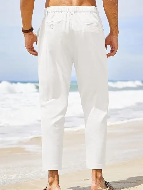 Men's Cotton-Linen Trousers — Elastic Waist, Lightweight Casual Pants, Slim Fit, Yoga & Beach Pants (With Pockets)