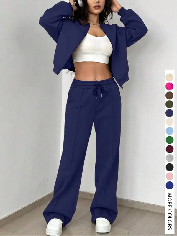Two-piece Set Women's Solid Zip Up Drop Shoulder Jacket & Pocket Elastic Waist Pants