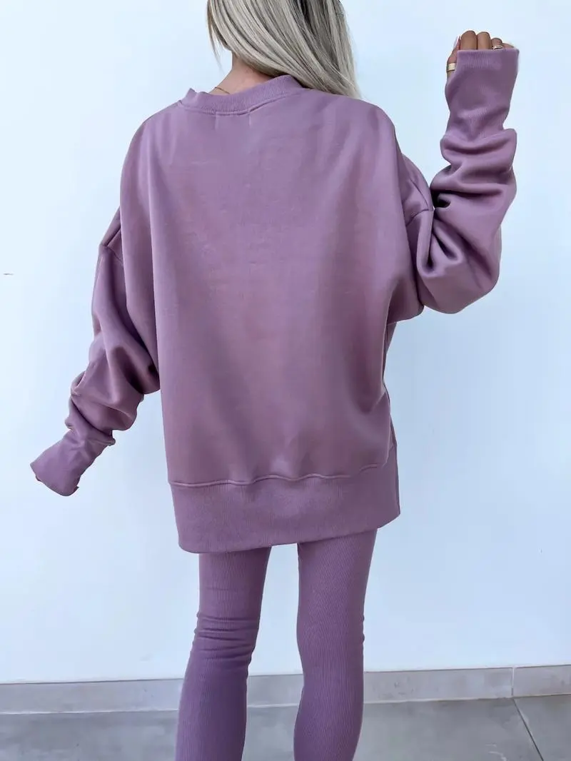 Women's Solid Long Sleeve Pullover & Leggings Sports Set