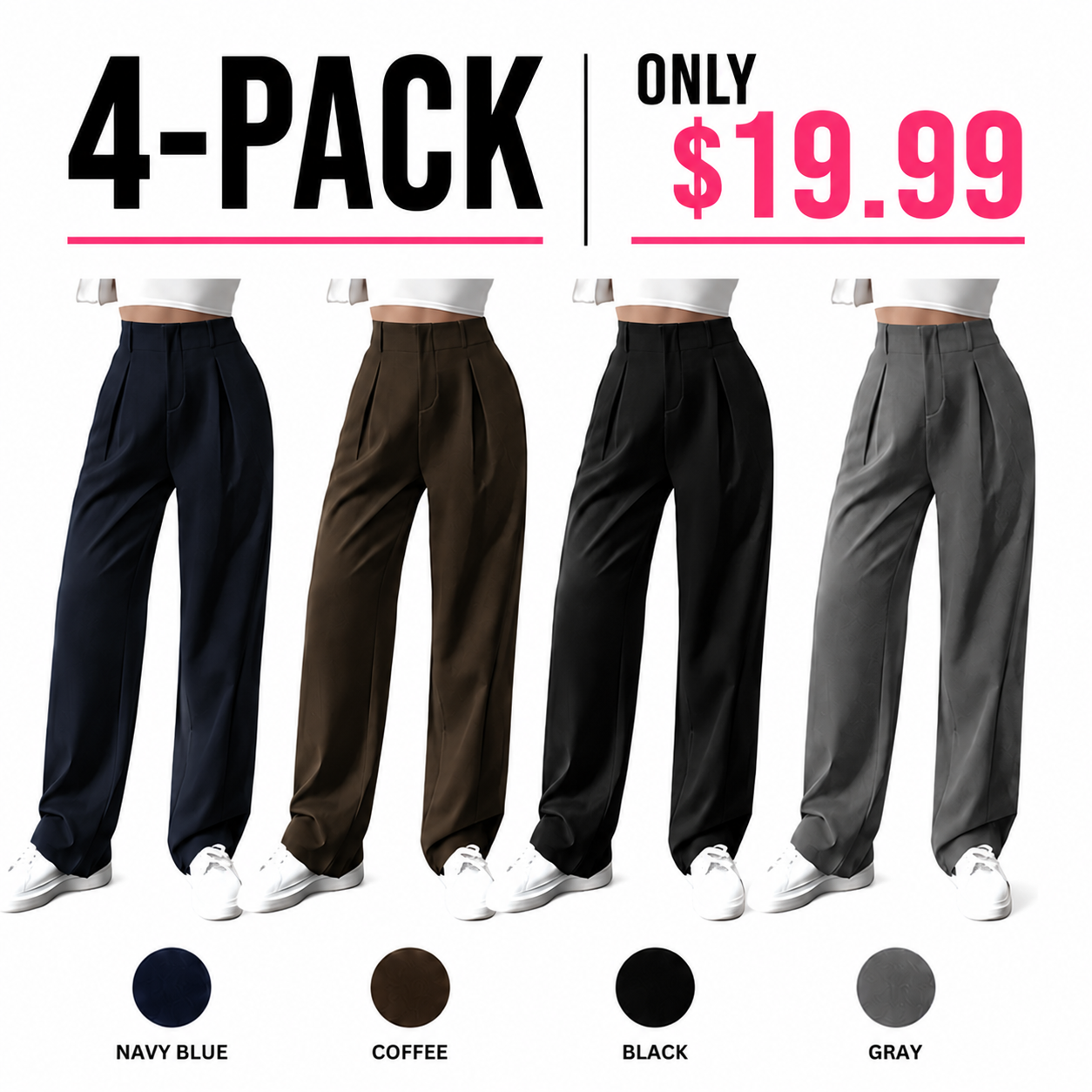 Women's Solid-Color Pleated Wide-Leg Pants with Pockets