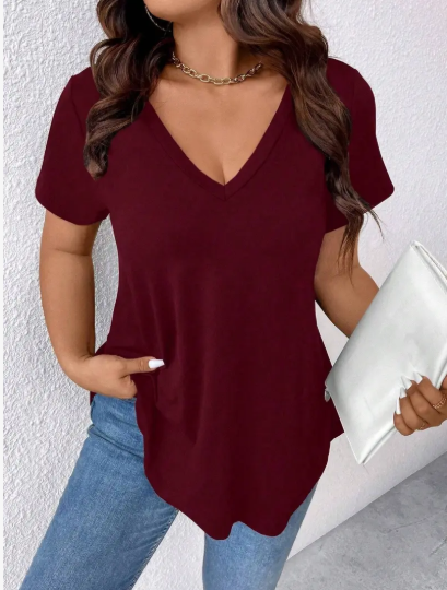 Women's Plus Size T-Shirts V-Neck Short Sleeve Curved Hem Tunic Tops