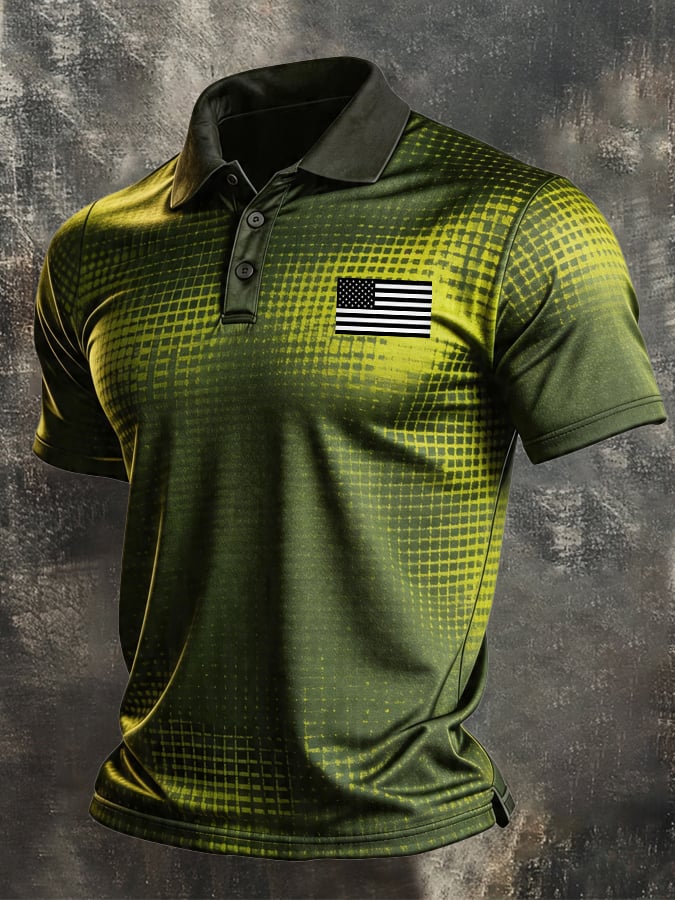Men's Retro Patriotic Color-Block Short-Sleeve Polo Shirt