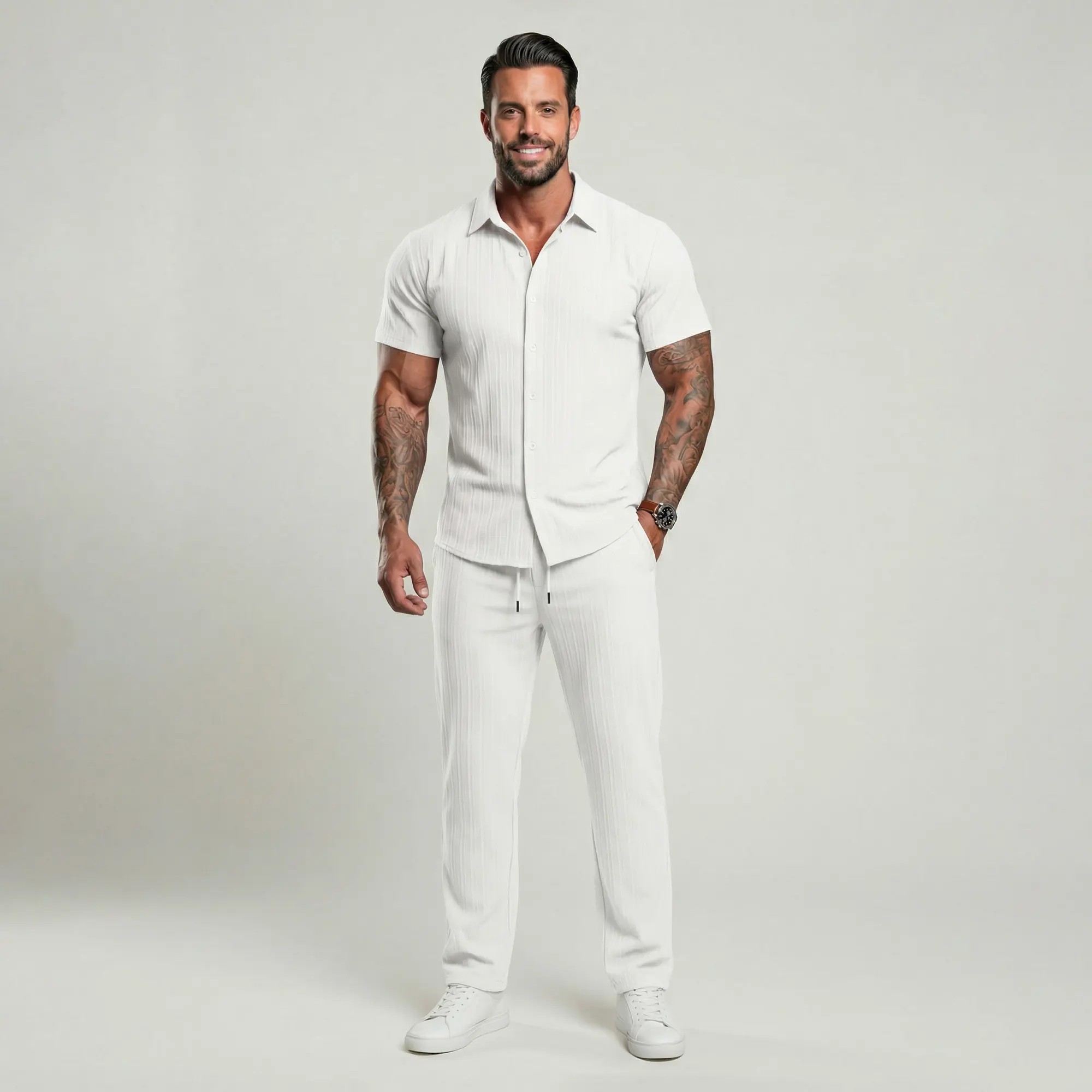 Men's Maroon Button-Front Shirt & Drawstring Pocket Trousers Set