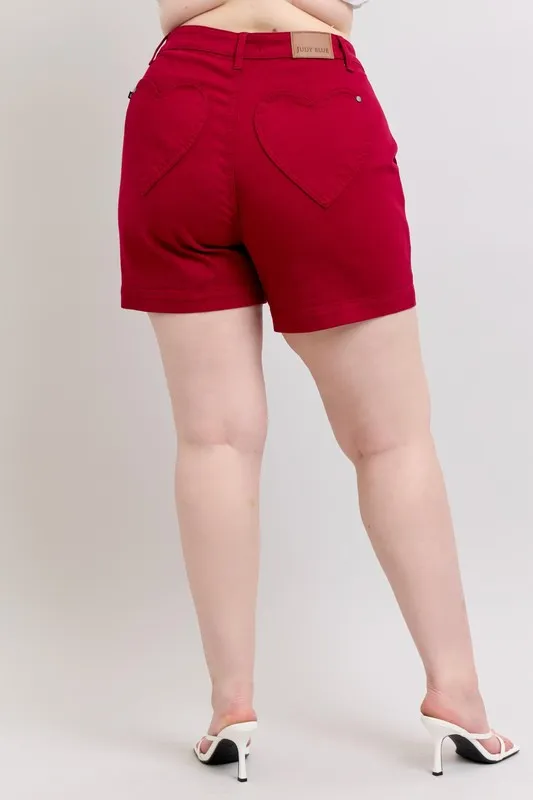 Blue Plus Size High Waist Tummy Control Garment Dyed Heart Shaped Denim Shorts