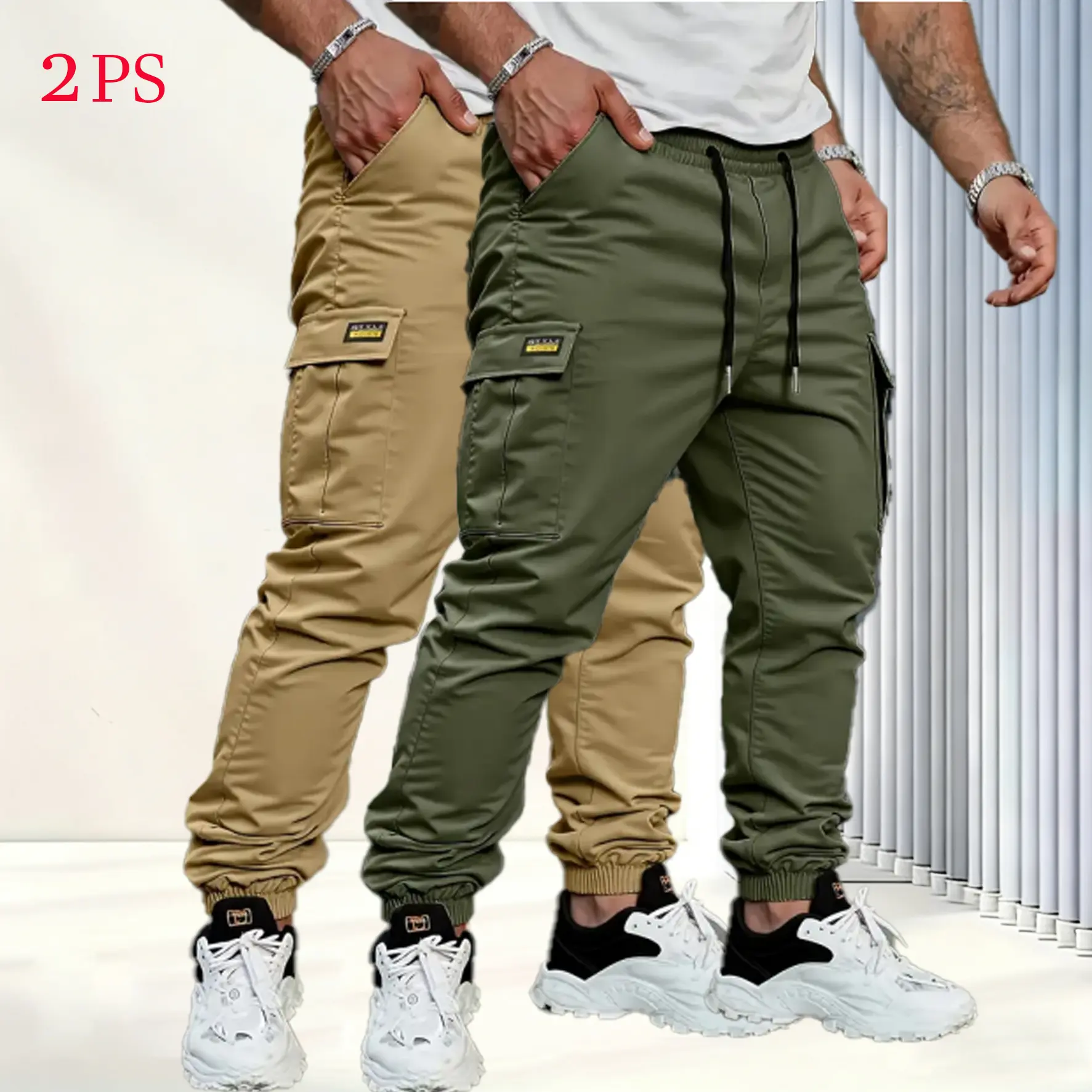 Men's solid color tactical work pants with multiple pockets and drawstring design