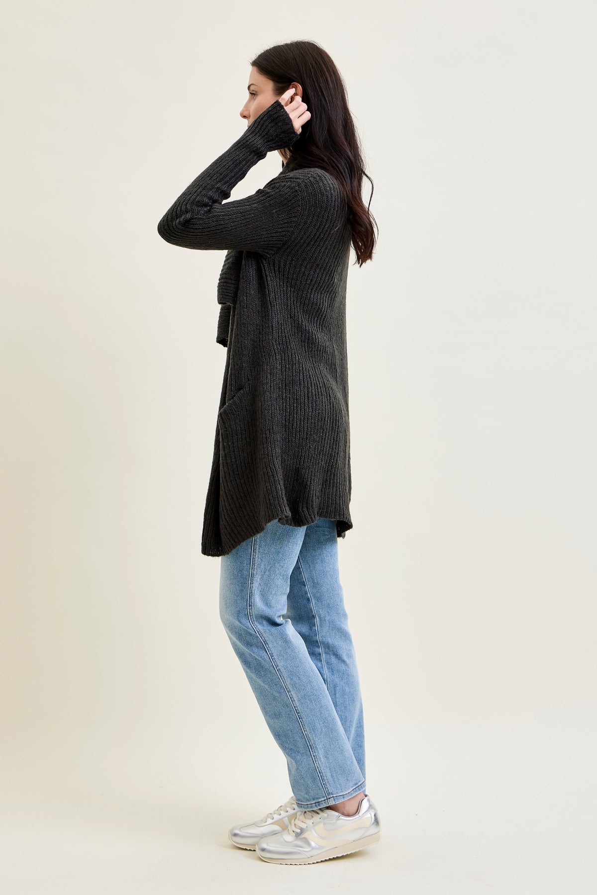 Drape Front Cardigan Charcoal Grey Sweater
