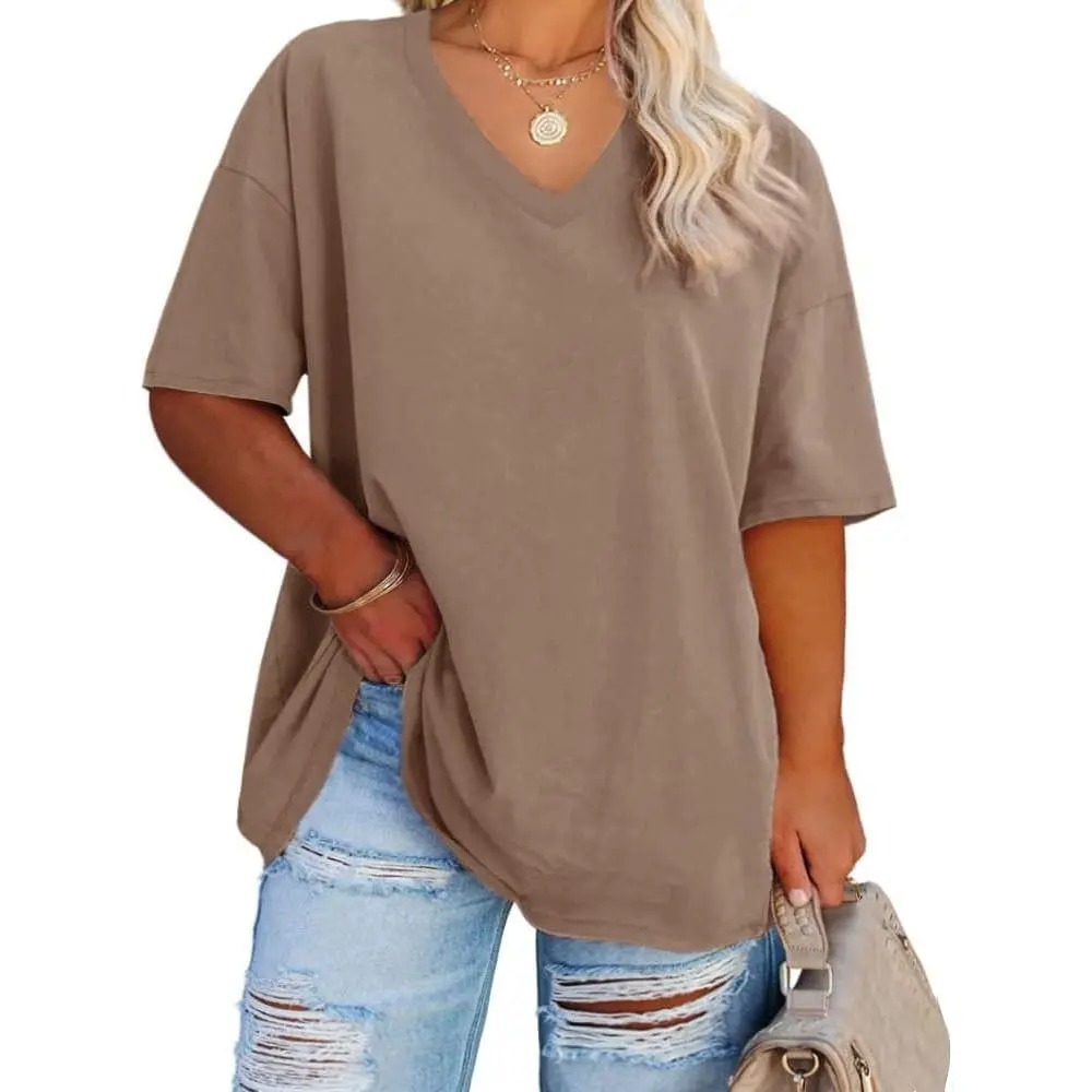 Women's V-Neck Short Sleeve Tunic Top Casual Loose Fit Soft Cotton Summer Tee