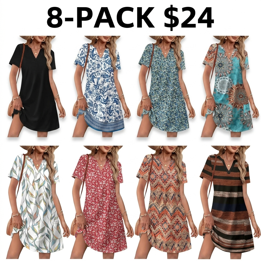 🔥 Women 2026 Casual Summer V Neck Dress Short Sleeve Fashion Beach Vacation Clothes