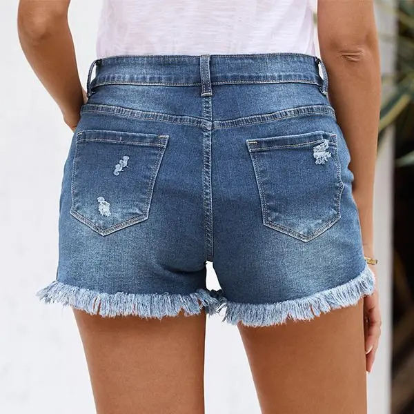 Women's Casual Mid Rise Denim Shorts Stretch Ripped Raw Hem Jean Shorts Basic Fitted Bottom for Summer