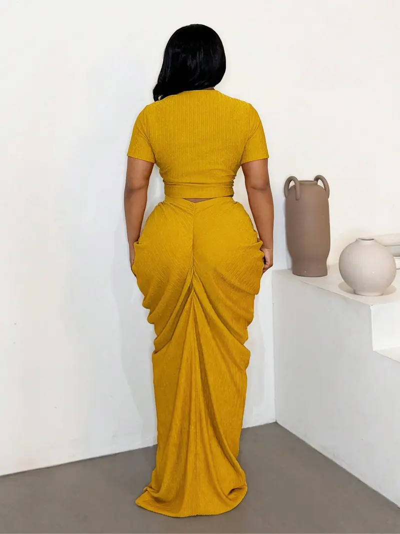 Plus Size Two-Piece Women's Set, Ribbed Short Top & Drawstring Pleated Skirt, Sexy Slim Fit Evening Party Dress