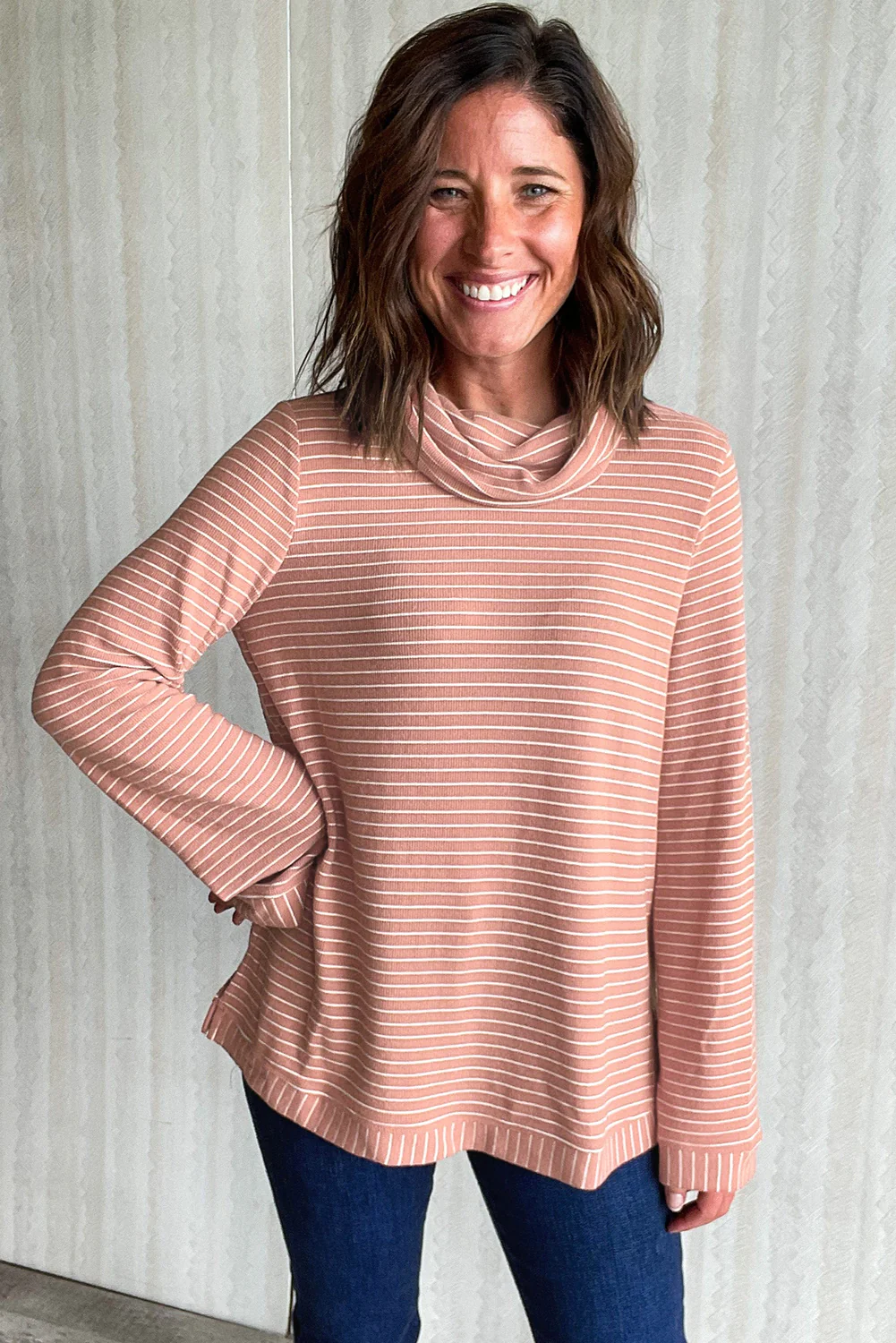 Stripe Cowl Neck Side Slits Loose Fit Long Sleeve Top