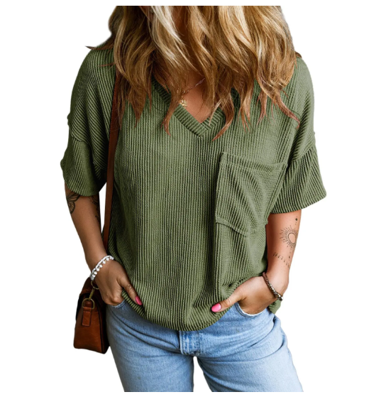Women's Oversized Summer T Shirts Tops V Neck Short Sleeve Ribbed Knitted Casual Loose Fit Blouses