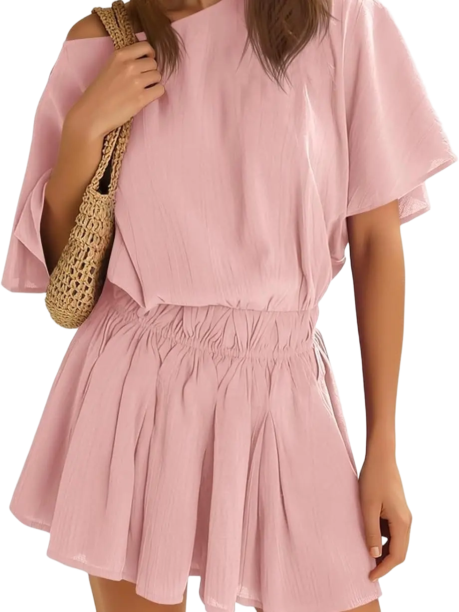 Women’s Casual 2 Piece Outfit Short Sleeve Loose Top and Flowy Mini Skirt Set for Summer Vacation Suits